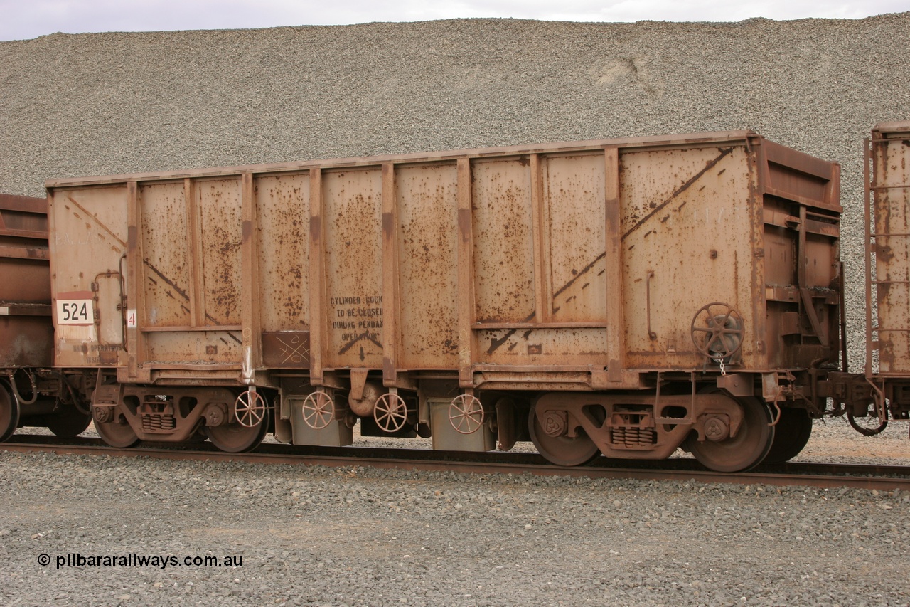 050412 0769
Quarry 8, Shaw Siding area. 3/4 view of 1963 built Magor USA waggon 524, originally in ore service before conversion to a ballast waggon.
Keywords: Magor-USA;BHP-ballast-waggon;