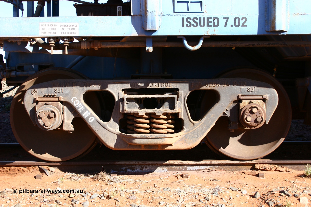050518 2131
Flash Butt yard, CFCLA hire ballast waggon CHRY type CHRY 759, shows bogie detail, C&NW Ride Control bogie with CFCLA id of CQFE 110.
Keywords: CHRY-type;CHRY759;CFCLA;CRDX-type;BHP-ballast-waggon;