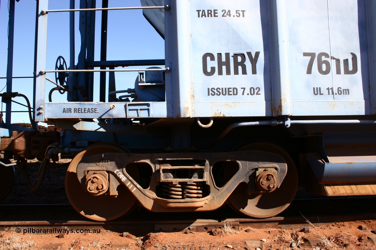050518 2132
Flash Butt yard, CFCLA hire ballast waggon CHRY type CHRY 761, shows bogie detail, ASF Ride Control bogie with CFCLA id of CQFE 111.
Keywords: CHRY-type;CHRY761;CFCLA;CRDX-type;BHP-ballast-waggon;