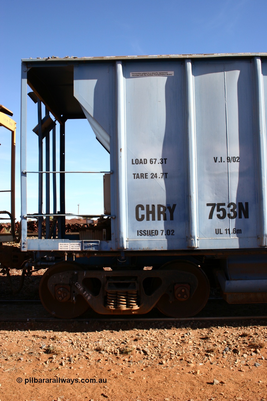 050518 2138
Flash Butt yard, CFCLA hire ballast waggon CHRY type CHRY 753, non hand brake end detail, including bogie.
Keywords: CHRY-type;CHRY753;CFCLA;CRDX-type;BHP-ballast-waggon;