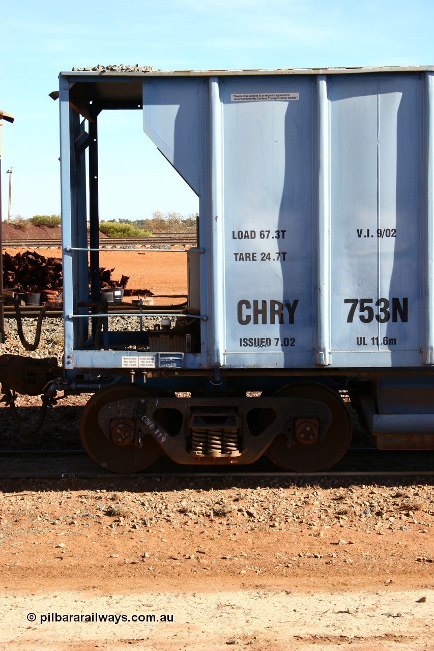 050518 2139
Flash Butt yard, CFCLA hire ballast waggon CHRY type CHRY 753, non hand brake end detail, including bogie.
Keywords: CHRY-type;CHRY753;CFCLA;CRDX-type;BHP-ballast-waggon;