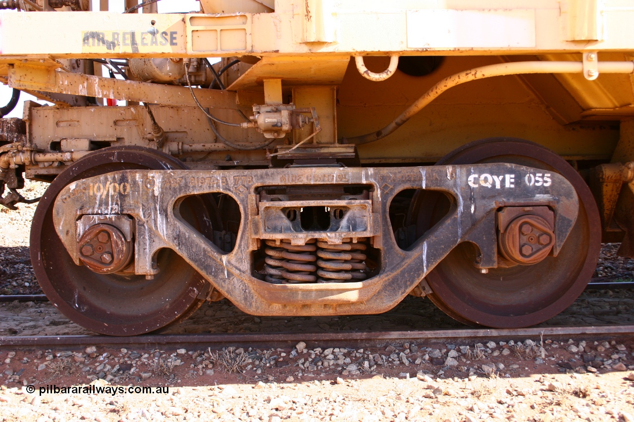050518 2142
Flash Butt yard, CFCLA hire ballast waggon CHQY type CHQY 741, close up of bogie, shows bogie detail, ASF Ride Control bogie casting with CFCLA id of CQFE 055.
Keywords: CHQY-type;CHQY741;CFCLA;CRDX-type;BHP-ballast-waggon;