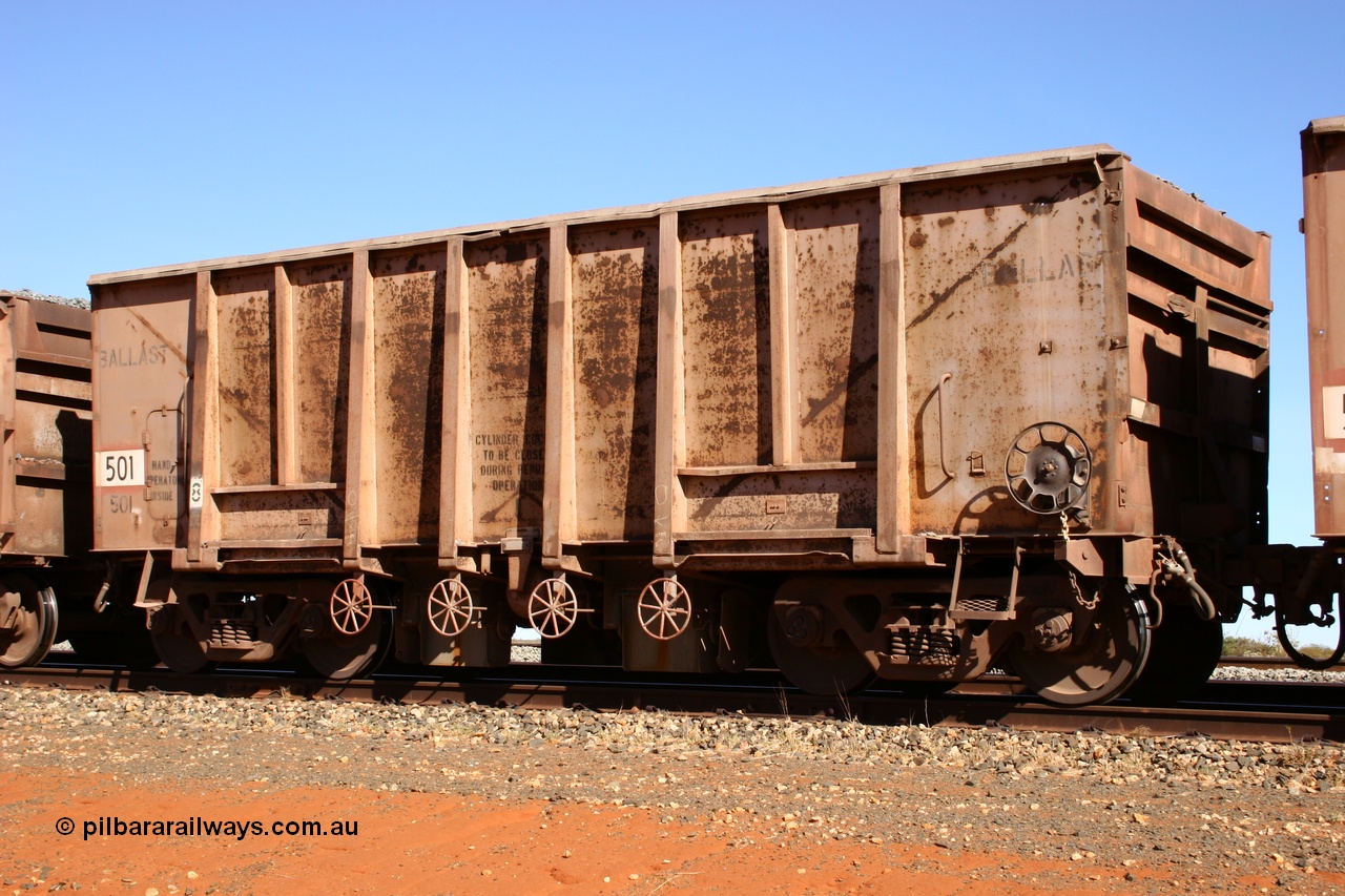 050518 2157
Bing Siding. 3/4 view of 1963 built Magor USA waggon 501, the first of twenty waggons originally used on the Oroville Dam construction before coming to the Pilbara in January 1968 as ballast waggons.
Keywords: Magor-USA;BHP-ballast-waggon;