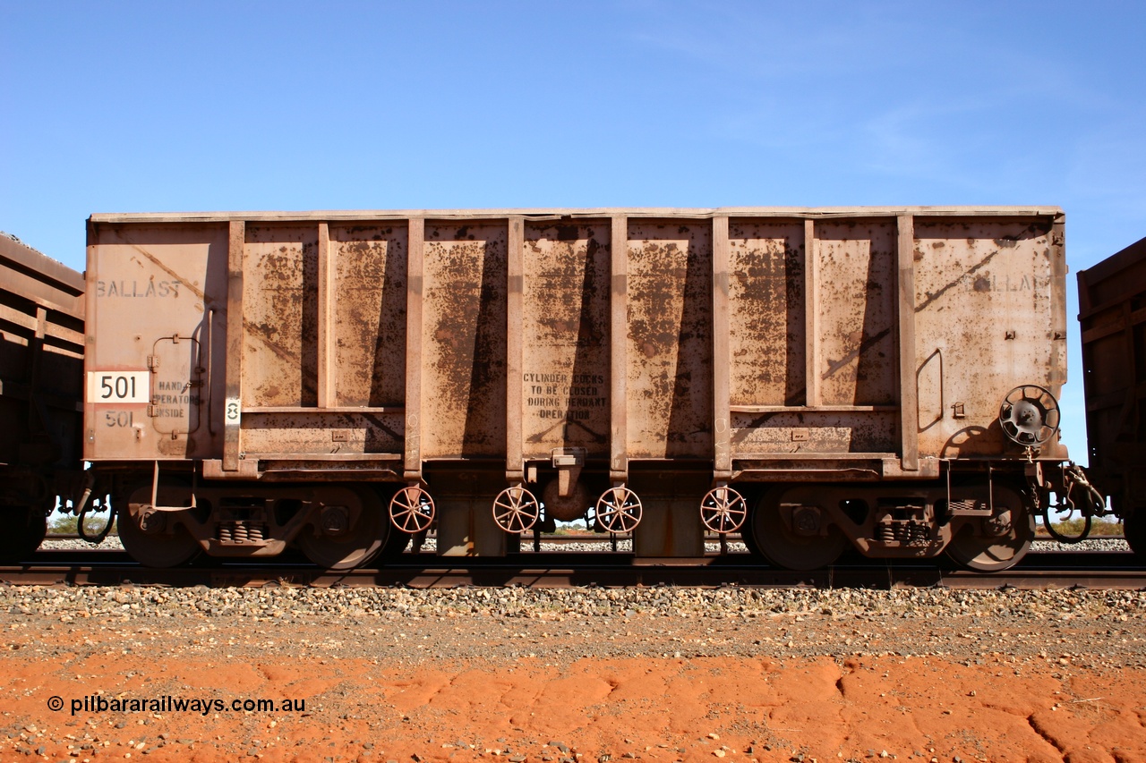 050518 2158
Bing Siding. Side view of 1963 built Magor USA waggon 501, the first of twenty waggons originally used on the Oroville Dam construction before coming to the Pilbara in January 1968 as ballast waggons.
Keywords: Magor-USA;BHP-ballast-waggon;