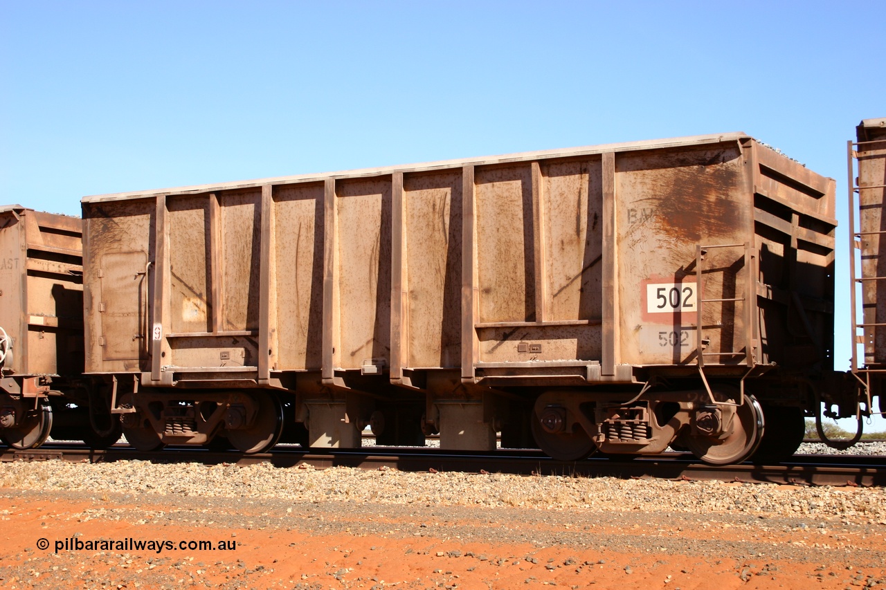 050518 2161
Bing Siding. 3/4 view of 1963 built Magor USA waggon 502, one of twenty waggons originally used on the Oroville Dam construction before coming to the Pilbara in January 1968 as ballast waggons.
Keywords: Magor-USA;BHP-ballast-waggon;