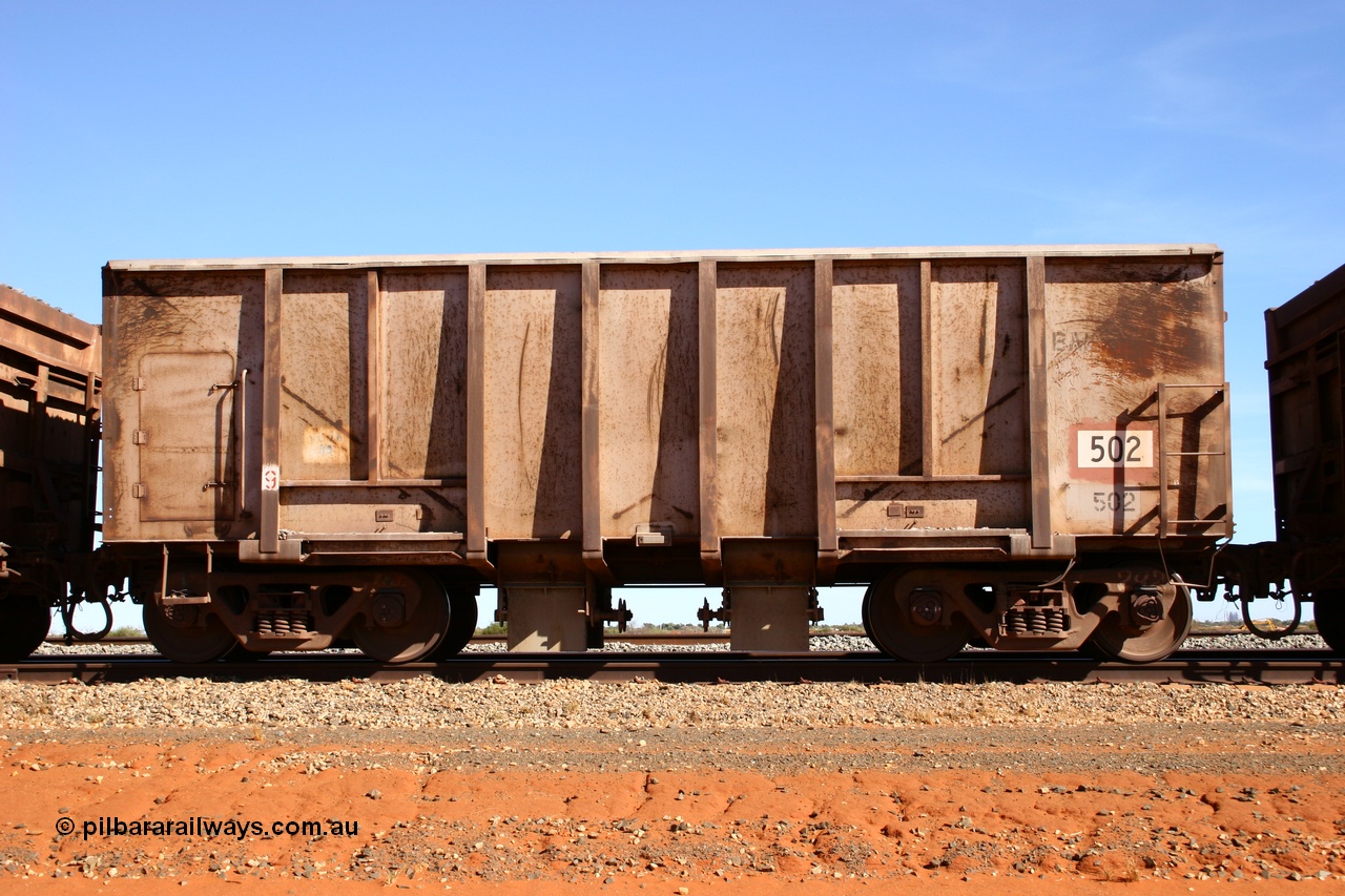 050518 2162
Bing Siding. Side view of 1963 built Magor USA waggon 502, one of twenty waggons originally used on the Oroville Dam construction before coming to the Pilbara in January 1968 as ballast waggons.
Keywords: Magor-USA;BHP-ballast-waggon;