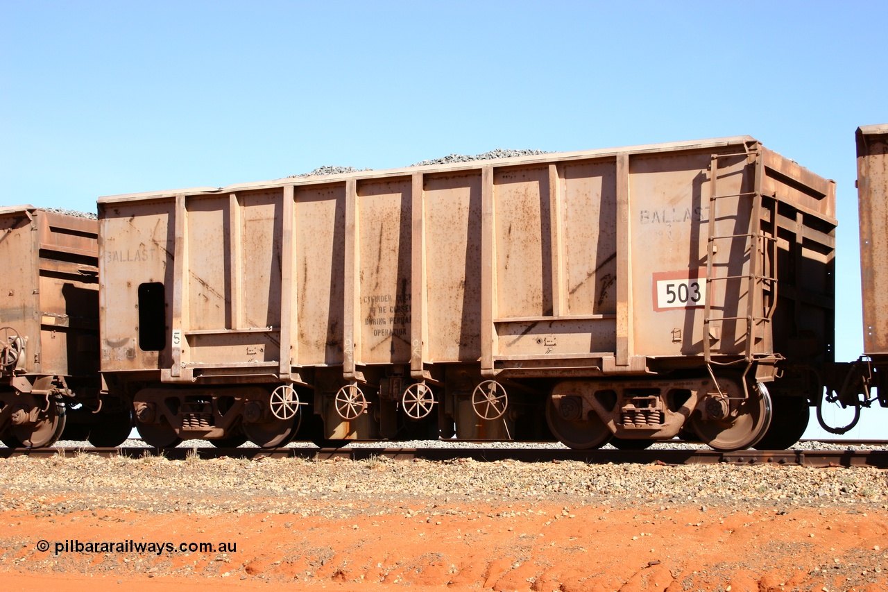 050518 2171
Bing Siding. 3/4 view of 1963 built Magor USA waggon 503, one of twenty waggons originally used on the Oroville Dam construction before coming to the Pilbara in January 1968 as ballast waggons.
Keywords: Magor-USA;BHP-ballast-waggon;