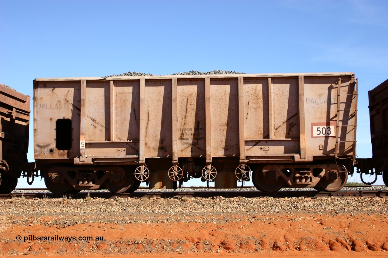 050518 2172
Bing Siding. Side view of 1963 built Magor USA waggon 503, one of twenty waggons originally used on the Oroville Dam construction before coming to the Pilbara in January 1968 as ballast waggons.
Keywords: Magor-USA;BHP-ballast-waggon;