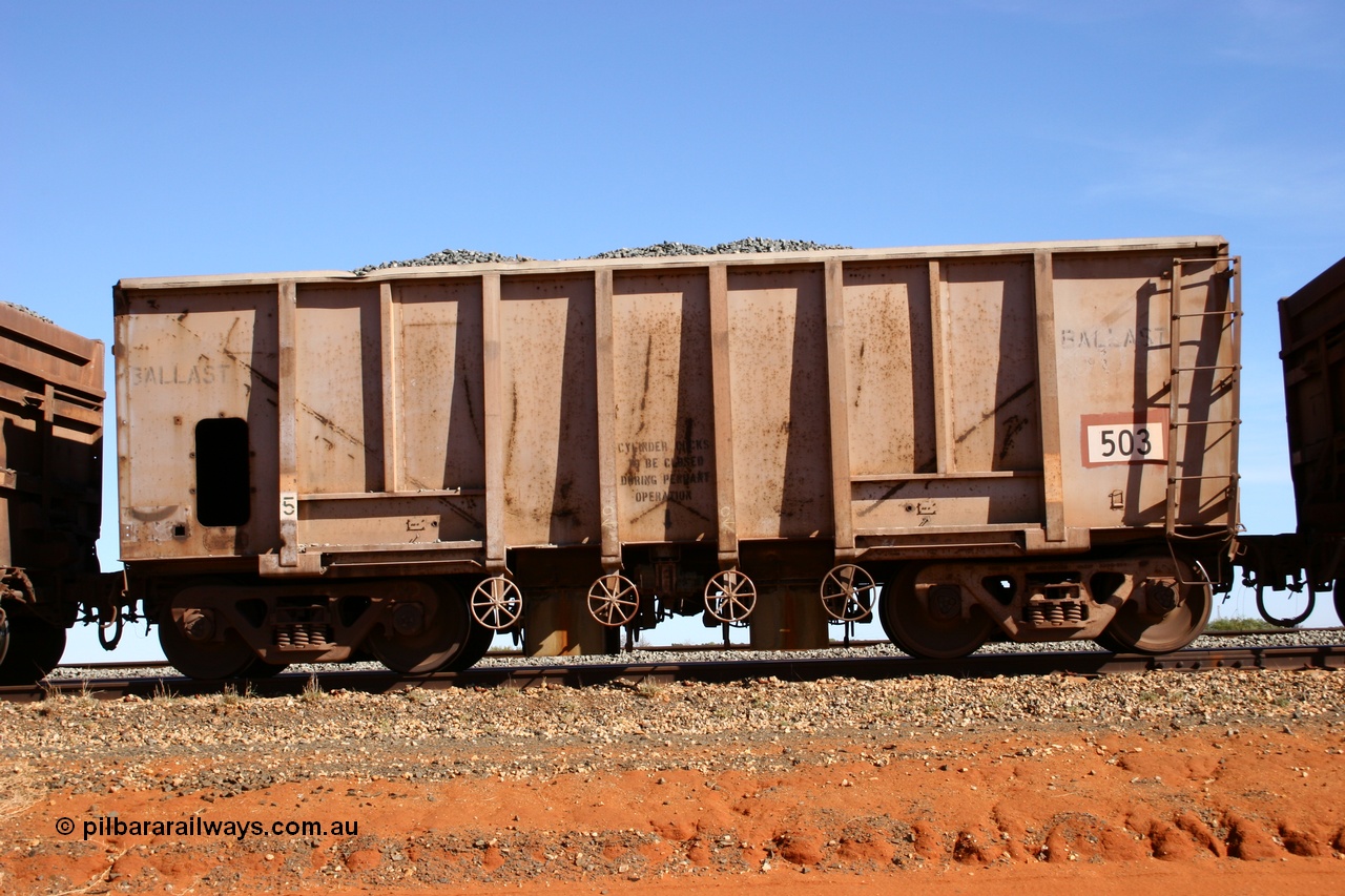 050518 2173
Bing Siding. Side view of 1963 built Magor USA waggon 503, one of twenty waggons originally used on the Oroville Dam construction before coming to the Pilbara in January 1968 as ballast waggons.
Keywords: Magor-USA;BHP-ballast-waggon;