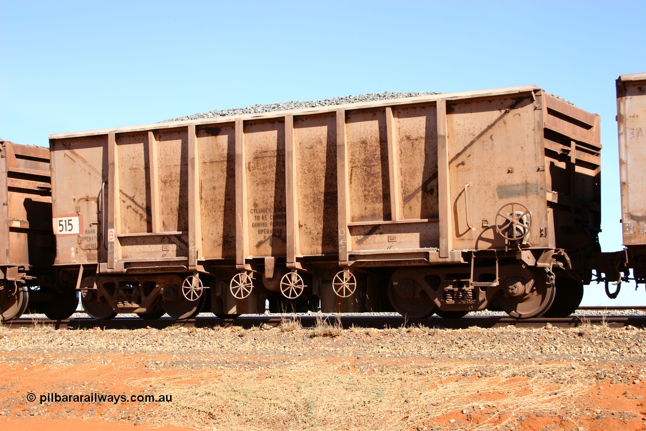 050518 2174
Bing Siding. 3/4 view of 1963 built Magor USA waggon 515, one of twenty waggons originally used on the Oroville Dam construction before coming to the Pilbara in January 1968 as ballast waggons.
Keywords: Magor-USA;BHP-ballast-waggon;