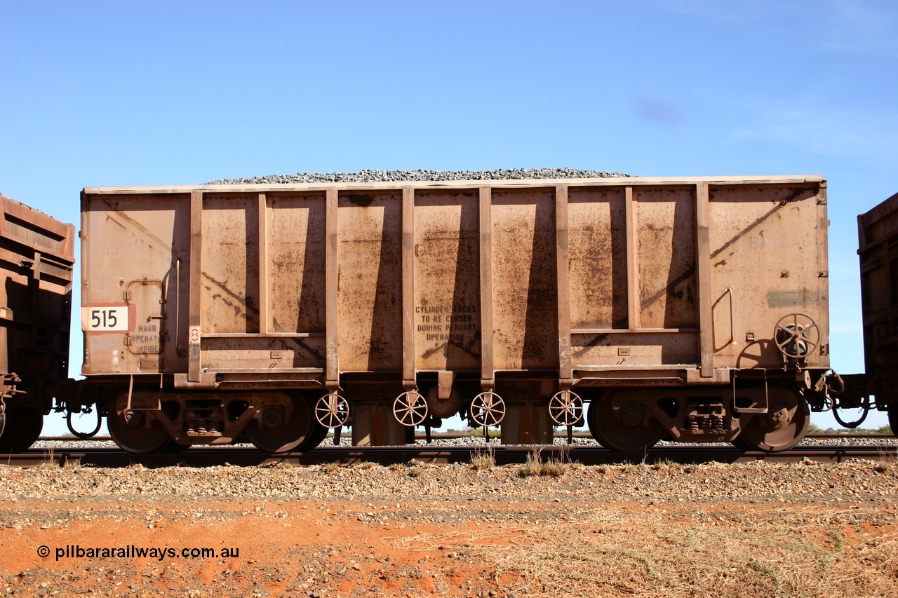 050518 2175
Bing Siding. Side view of 1963 built Magor USA waggon 515, one of twenty waggons originally used on the Oroville Dam construction before coming to the Pilbara in January 1968 as ballast waggons.
Keywords: Magor-USA;BHP-ballast-waggon;