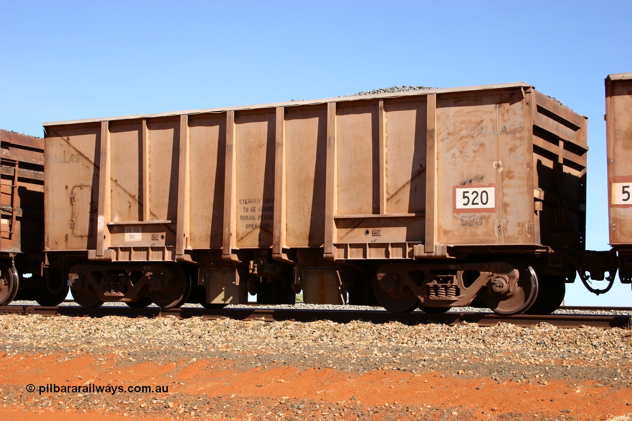 050518 2178
Bing Siding. 3/4 view of 1963 built Magor USA waggon 520, the last of twenty waggons originally used on the Oroville Dam construction before coming to the Pilbara in January 1968 as ballast waggons.
Keywords: Magor-USA;BHP-ballast-waggon;