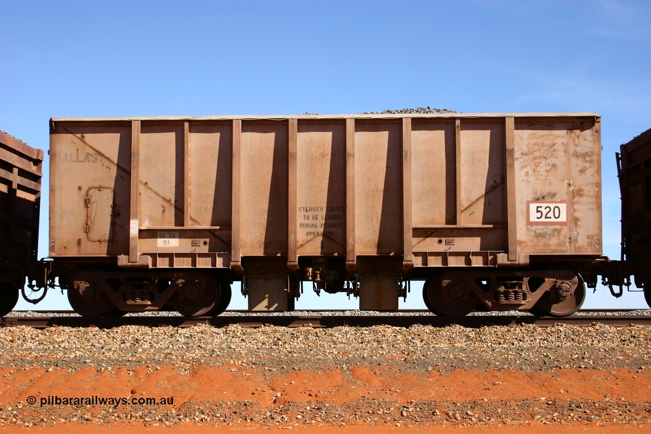 050518 2179
Bing Siding. Side view of 1963 built Magor USA waggon 520, the last of twenty waggons originally used on the Oroville Dam construction before coming to the Pilbara in January 1968 as ballast waggons.
Keywords: Magor-USA;BHP-ballast-waggon;