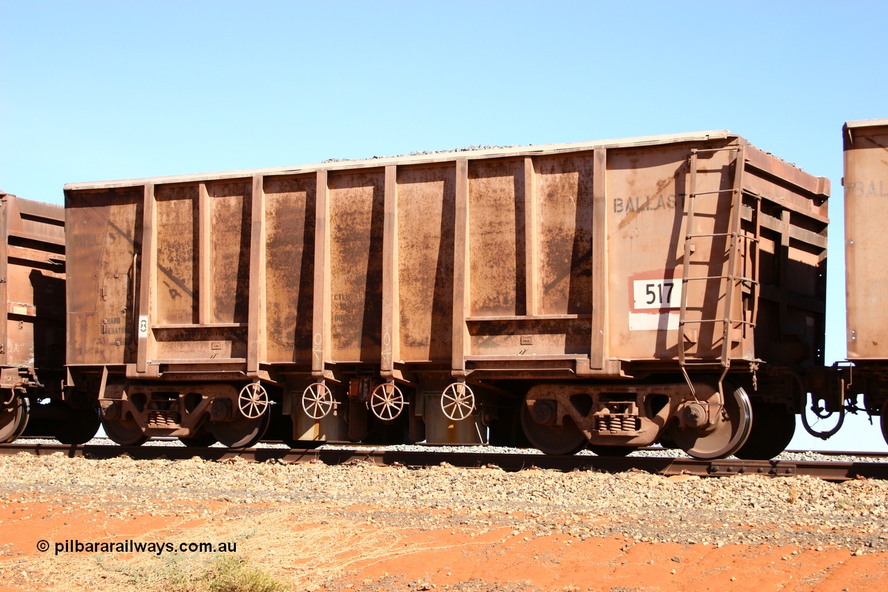 050518 2180
Bing Siding. 3/4 view of 1963 built Magor USA waggon 517, one of twenty waggons originally used on the Oroville Dam construction before coming to the Pilbara in January 1968 as ballast waggons.
Keywords: Magor-USA;BHP-ballast-waggon;