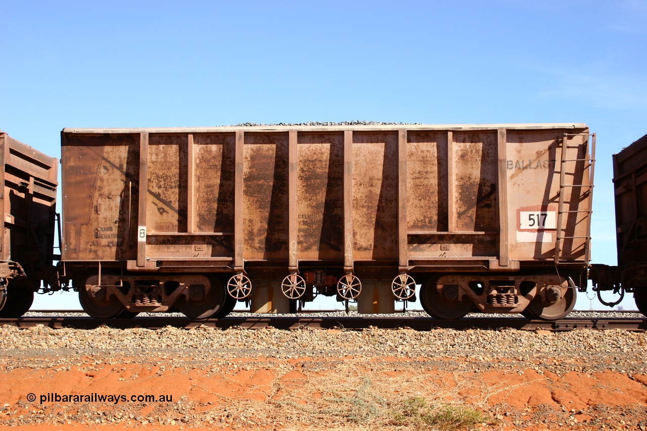 050518 2181
Bing Siding. Side view of 1963 built Magor USA waggon 517, one of twenty waggons originally used on the Oroville Dam construction before coming to the Pilbara in January 1968 as ballast waggons.
Keywords: Magor-USA;BHP-ballast-waggon;