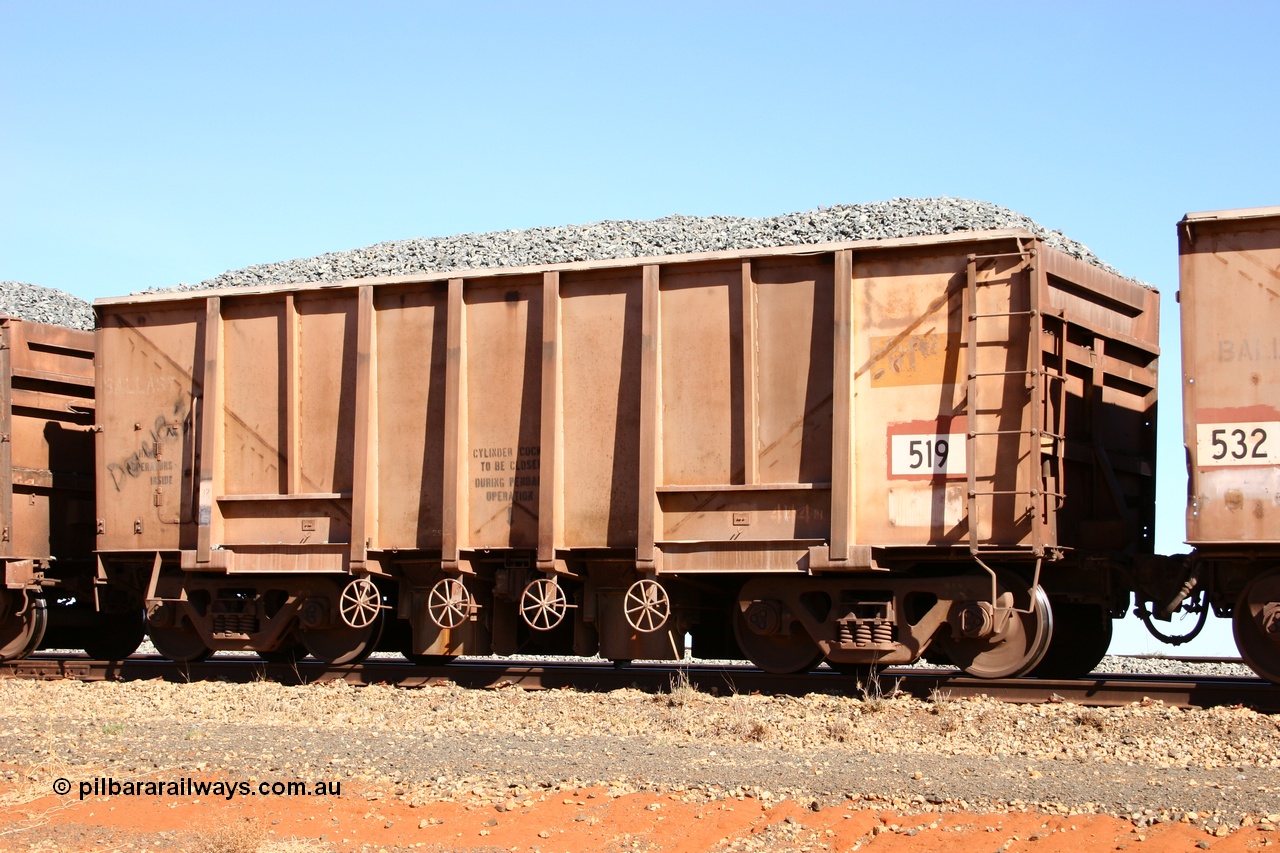 050518 2186
Bing Siding. 3/4 view of 1963 built Magor USA waggon 519, one of twenty waggons originally used on the Oroville Dam construction before coming to the Pilbara in January 1968 as ballast waggons.
Keywords: Magor-USA;BHP-ballast-waggon;