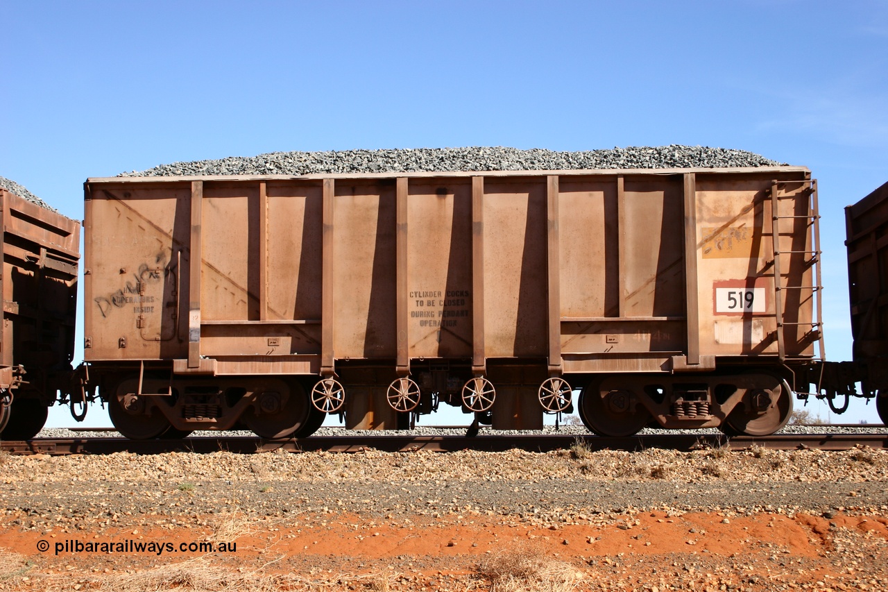 050518 2187
Bing Siding. Side view of 1963 built Magor USA waggon 519, one of twenty waggons originally used on the Oroville Dam construction before coming to the Pilbara in January 1968 as ballast waggons.
Keywords: Magor-USA;BHP-ballast-waggon;