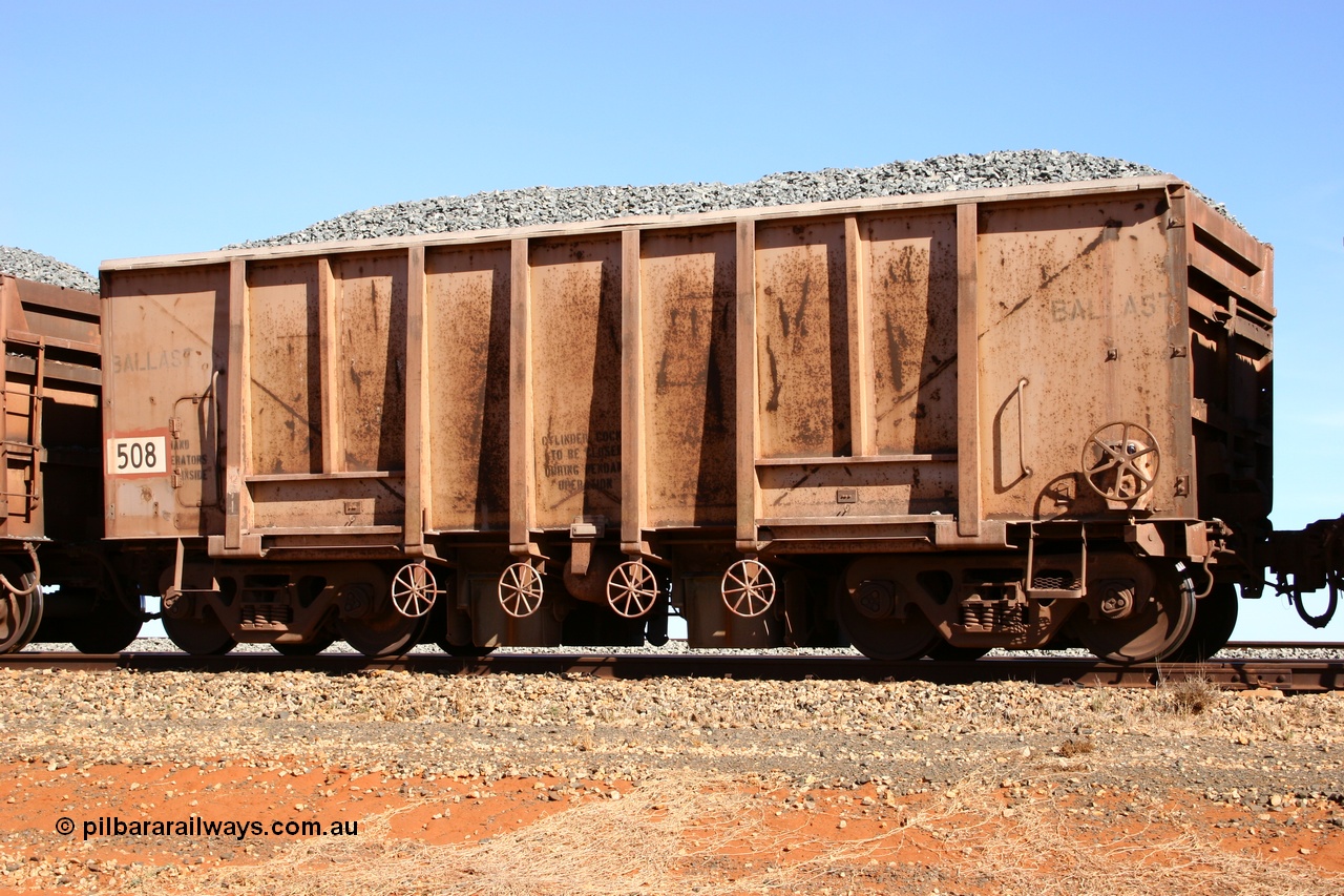 050518 2188
Bing Siding. 3/4 view of 1963 built Magor USA waggon 508, one of twenty waggons originally used on the Oroville Dam construction before coming to the Pilbara in January 1968 as ballast waggons.
Keywords: Magor-USA;BHP-ballast-waggon;