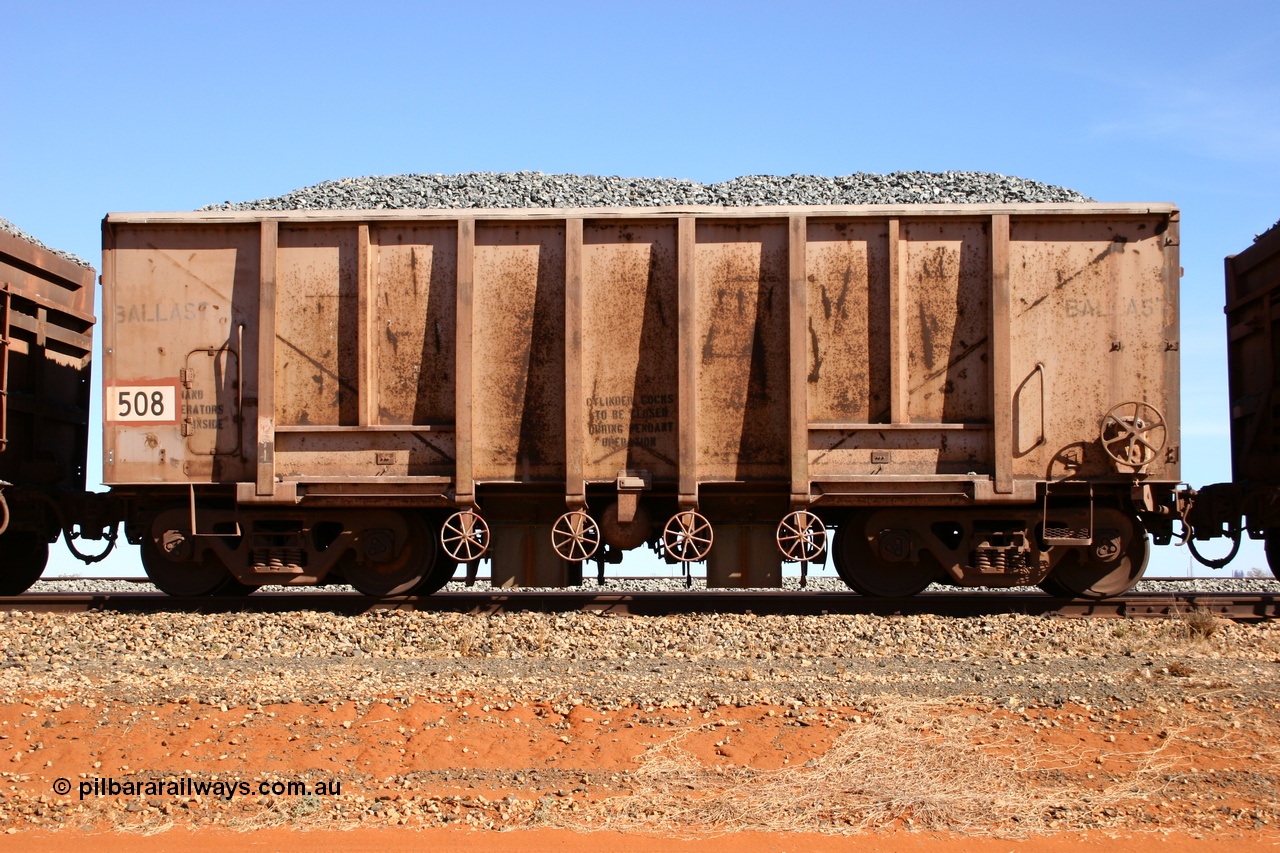 050518 2189
Bing Siding. Side view of 1963 built Magor USA waggon 508, one of twenty waggons originally used on the Oroville Dam construction before coming to the Pilbara in January 1968 as ballast waggons.
Keywords: Magor-USA;BHP-ballast-waggon;
