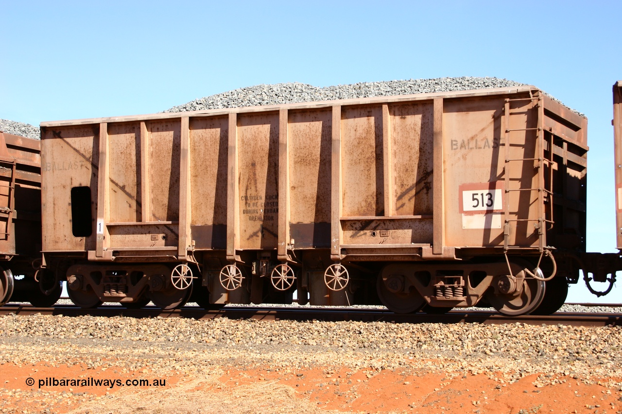 050518 2190
Bing Siding. 3/4 view of 1963 built Magor USA waggon 513, one of twenty waggons originally used on the Oroville Dam construction before coming to the Pilbara in January 1968 as ballast waggons.
Keywords: Magor-USA;BHP-ballast-waggon;