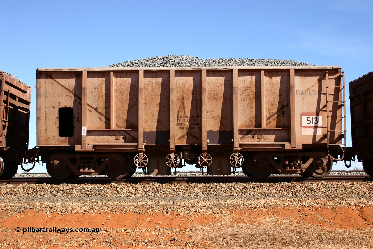 050518 2191
Bing Siding. Side view of 1963 built Magor USA waggon 513, one of twenty waggons originally used on the Oroville Dam construction before coming to the Pilbara in January 1968 as ballast waggons.
Keywords: Magor-USA;BHP-ballast-waggon;