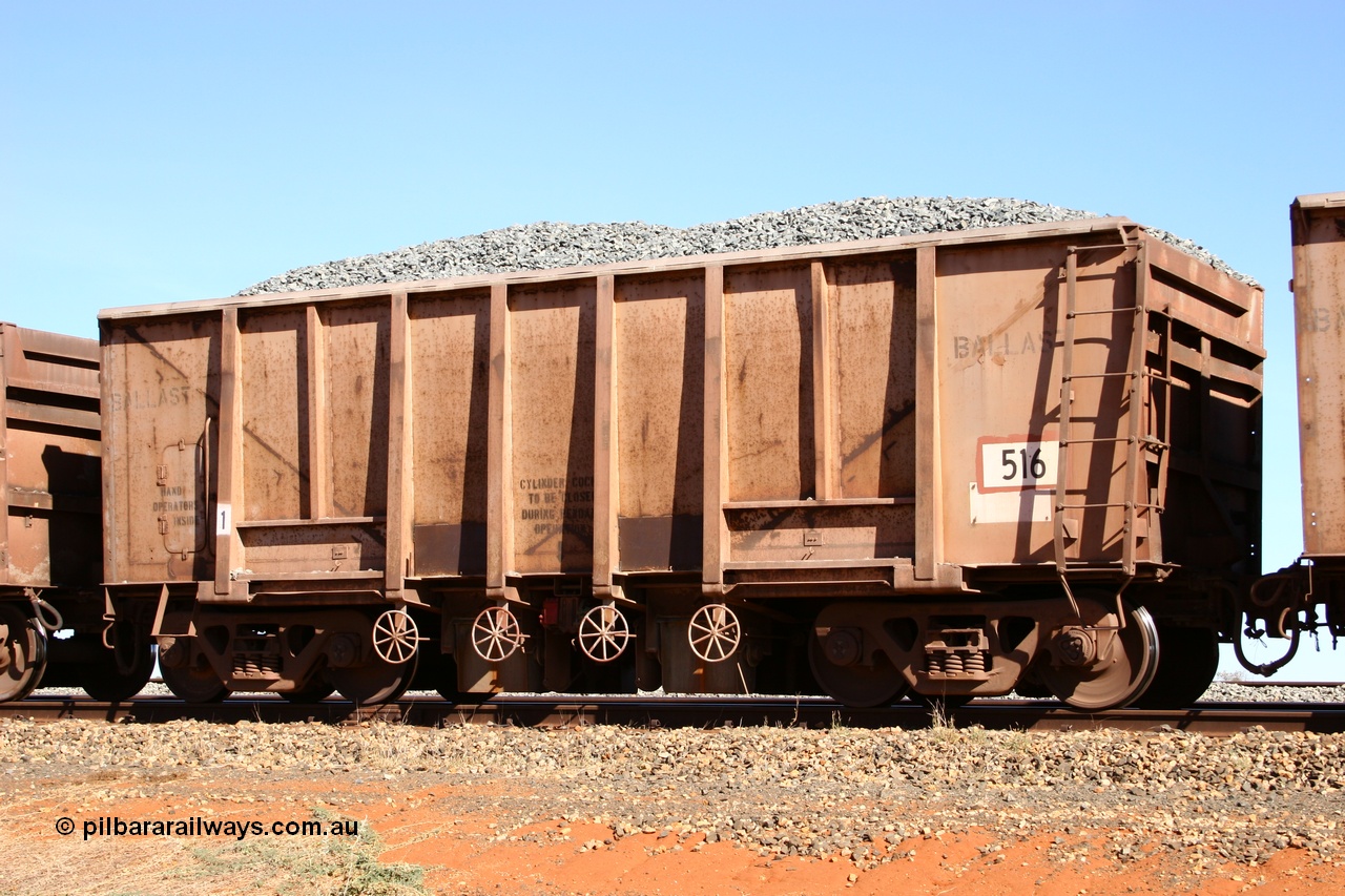 050518 2192
Bing Siding. 3/4 view of 1963 built Magor USA waggon 516, one of twenty waggons originally used on the Oroville Dam construction before coming to the Pilbara in January 1968 as ballast waggons.
Keywords: Magor-USA;BHP-ballast-waggon;