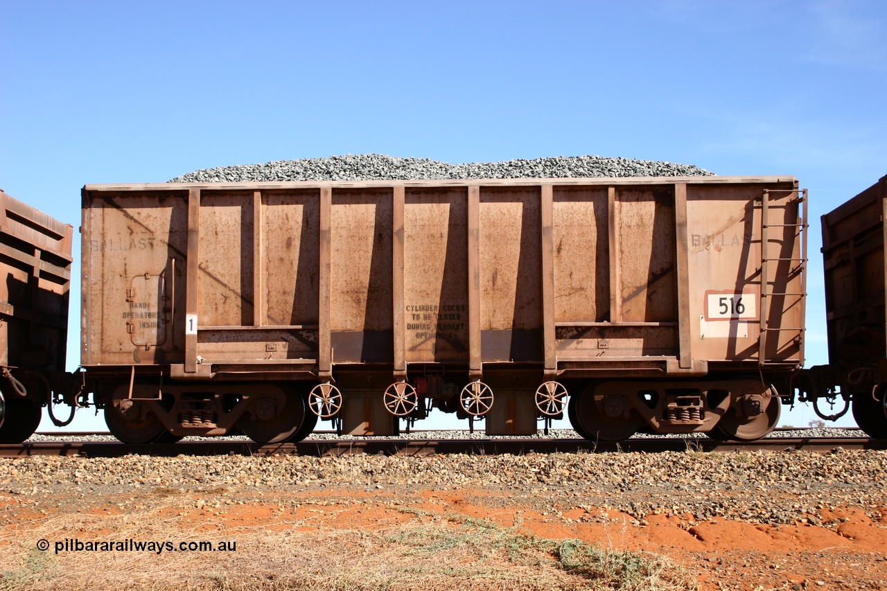 050518 2193
Bing Siding. Side view of 1963 built Magor USA waggon 516, one of twenty waggons originally used on the Oroville Dam construction before coming to the Pilbara in January 1968 as ballast waggons.
Keywords: Magor-USA;BHP-ballast-waggon;