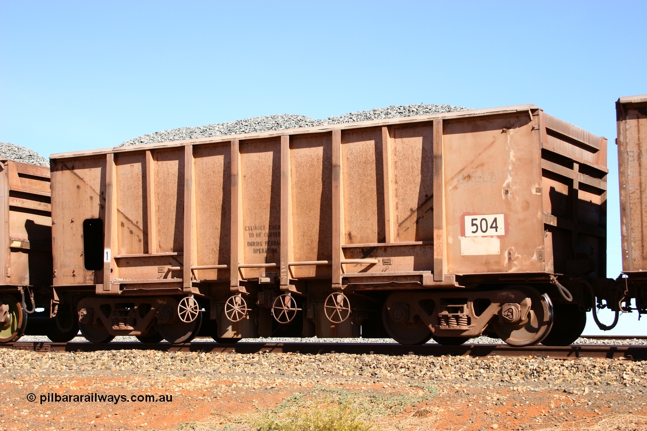 050518 2194
Bing Siding. 3/4 view of 1963 built Magor USA waggon 504, one of twenty waggons originally used on the Oroville Dam construction before coming to the Pilbara in January 1968 as ballast waggons.
Keywords: Magor-USA;BHP-ballast-waggon;