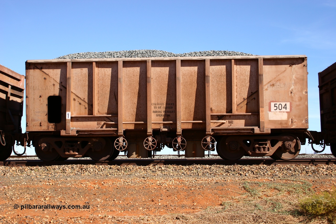 050518 2195
Bing Siding. Side view of 1963 built Magor USA waggon 504, one of twenty waggons originally used on the Oroville Dam construction before coming to the Pilbara in January 1968 as ballast waggons.
Keywords: Magor-USA;BHP-ballast-waggon;