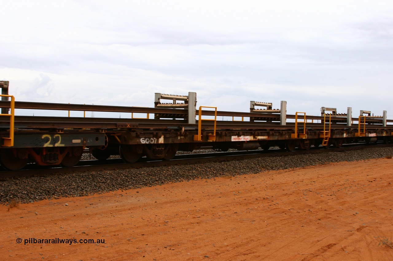 050522 2731
Goldsworthy Junction, rail recovery and transport train flat waggon #21, 6007 with registered number G506007, built by Scotts of Ipswich Qld in 1970.
Keywords: Scotts-Qld;BHP-rail-train;