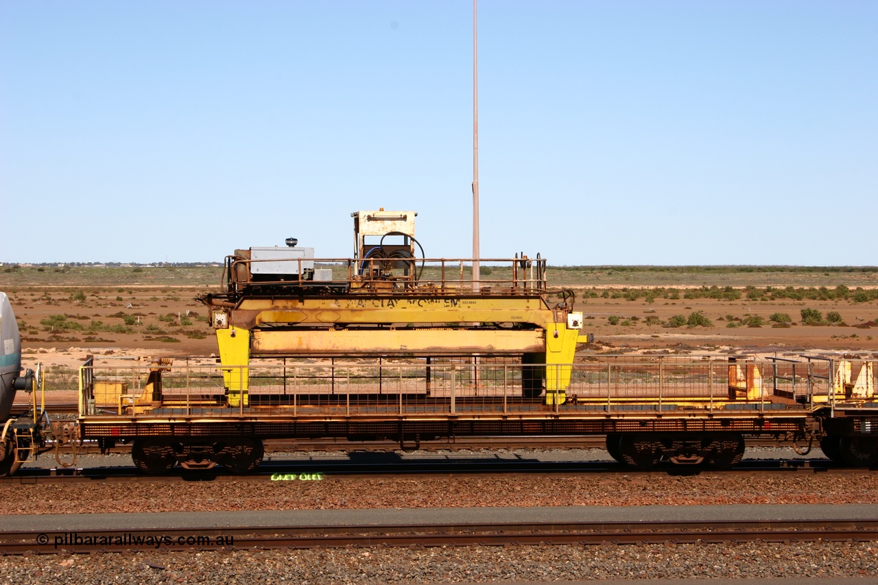 050724 4214
Nelson Point yard, flat waggon #6? in service on the Pony re-laying train as a transport waggon for a gantry car as pictured. Originally in service with Goldsworthy Mining as a BC or BCV box van, built by Comeng WA in 1966.
Keywords: Comeng-WA;GML;BHP-pony-waggon;