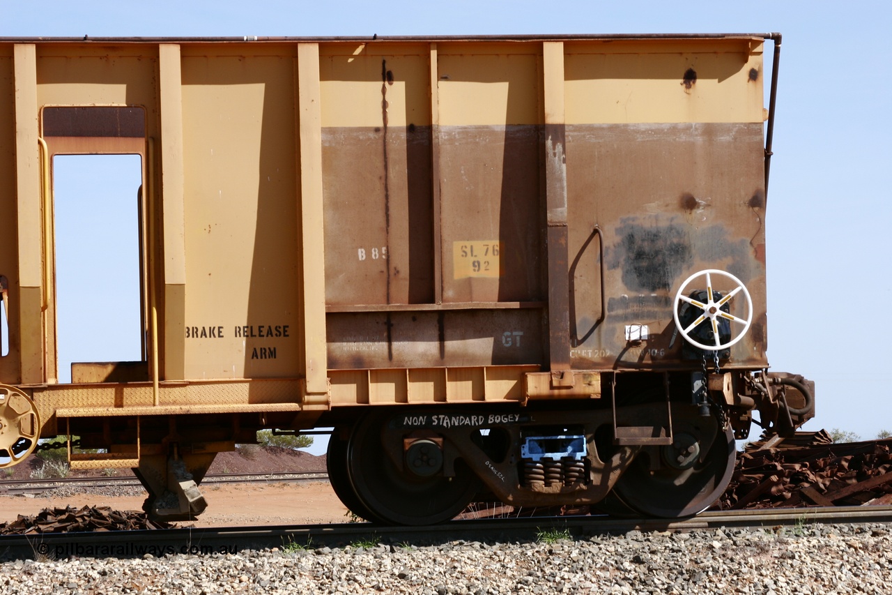 051001 5641
Flash Butt yard, side view of ballast plough converted from Magor USA built Oroville ore waggon 538, shows bogie and hand brake detail.
Keywords: Magor-USA;BHP-ballast-waggon;Mt-Newman-Mining-WS;