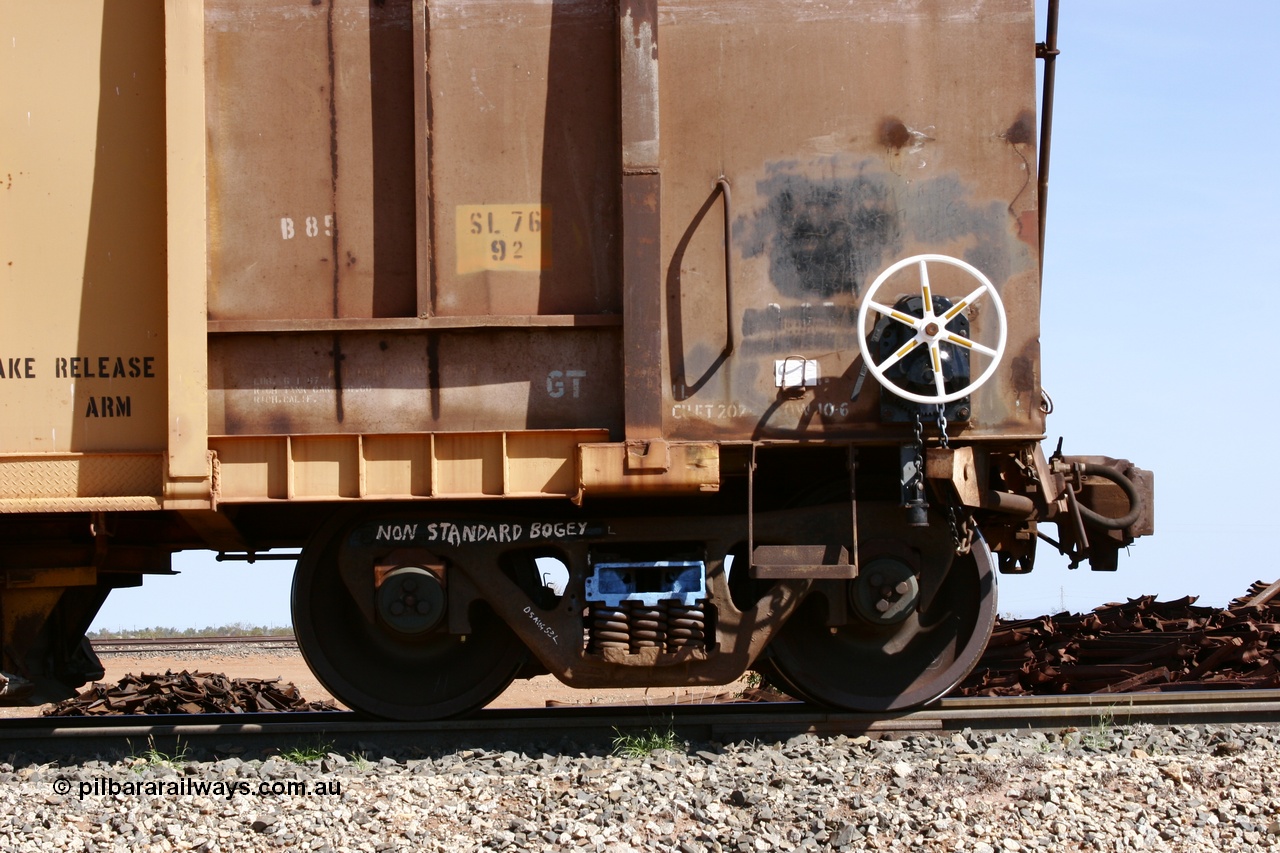 051001 5650
Flash Butt yard, side view of ballast plough converted from Magor USA built Oroville ore waggon 538, shows bogies and hand brake detail.
Keywords: Magor-USA;BHP-ballast-waggon;Mt-Newman-Mining-WS;