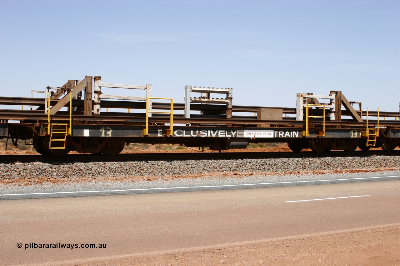 051001 5687
Boodarie, the Steel Train or rail recovery and transport train, flat waggon #13, 6202, a Comeng WA built flat waggon from January 1977 under order no. 07-M-282 RY.
Keywords: Comeng-WA;BHP-rail-train;