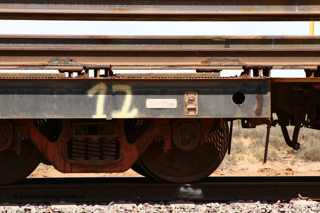 051001 5688
Boodarie, the Steel Train or rail recovery and transport train, builders plate detail of flat waggon #12, 6209, a Comeng WA built flat waggon from January 1977 under order no. 07-M-282 RY.
Keywords: Comeng-WA;BHP-rail-train;
