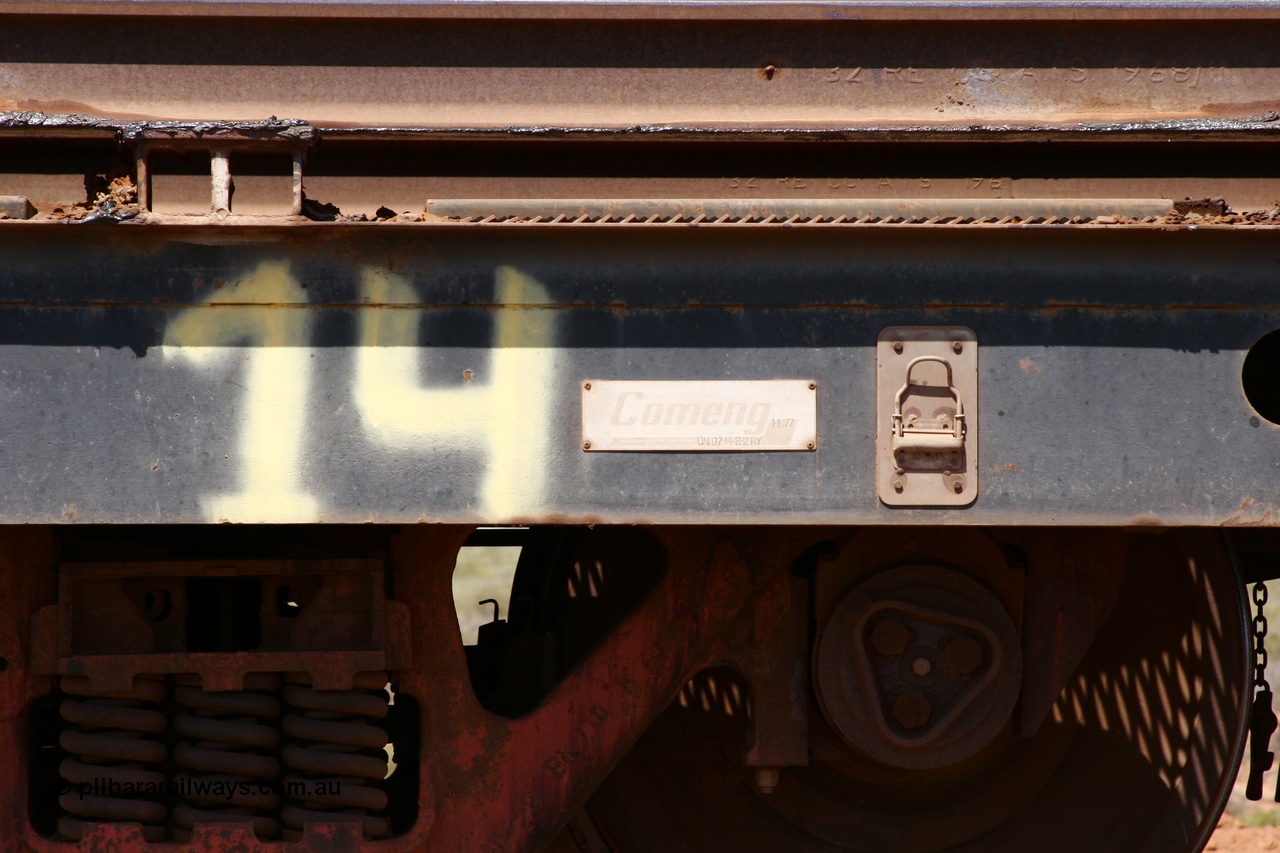 051001 5690
Boodarie, the Steel Train or rail recovery and transport train, builders plate detail of flat waggon #14, 6207, a Comeng WA built flat waggon from January 1977 under order no. 07-M-282 RY.
Keywords: Comeng-WA;BHP-rail-train;
