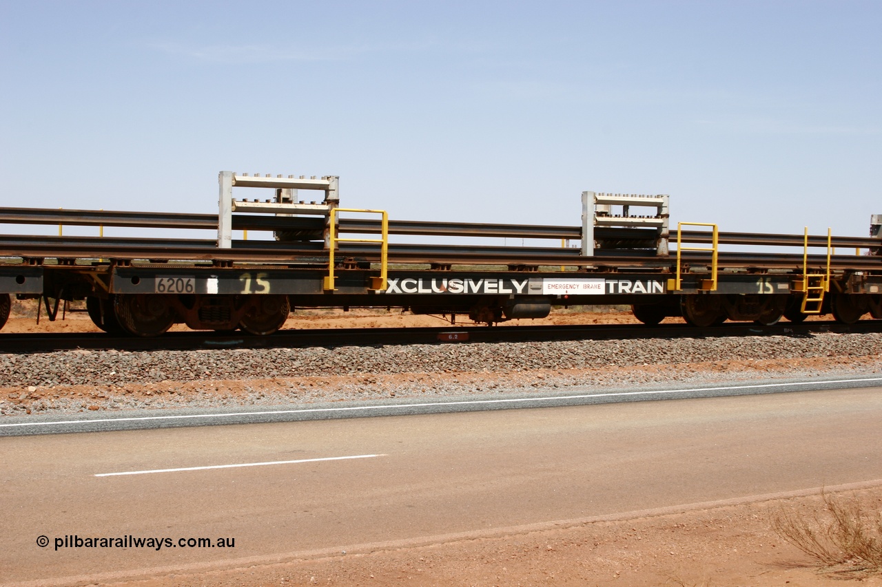 051001 5691
Boodarie, the Steel Train or rail recovery and transport train, flat waggon #15, 6206, a Comeng WA built flat waggon from January 1977 under order no. 07-M-282 RY.
Keywords: Comeng-WA;BHP-rail-train;