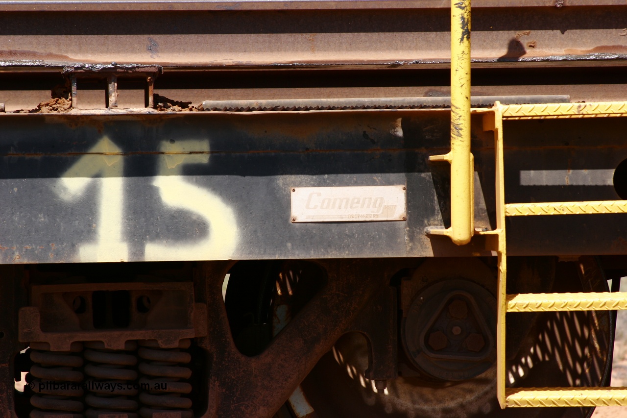 051001 5693
Boodarie, the Steel Train or rail recovery and transport train, builders plate detail of waggon #15, 6206, a Comeng WA built flat waggon from January 1977 under order no. 07-M-282 RY.
Keywords: Comeng-WA;BHP-rail-train;