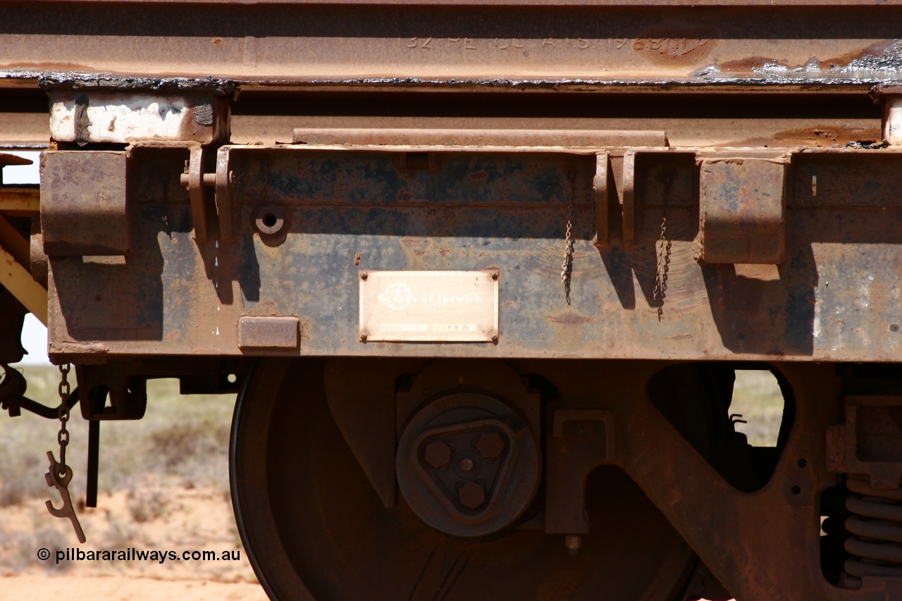 051001 5694
Boodarie, the Steel Train or rail recovery and transport train, builders plate detail of flat waggon #16, 6009, a Scotts of Ipswich Qld built flat waggon from September 1970.
Keywords: Scotts-Qld;BHP-rail-train;