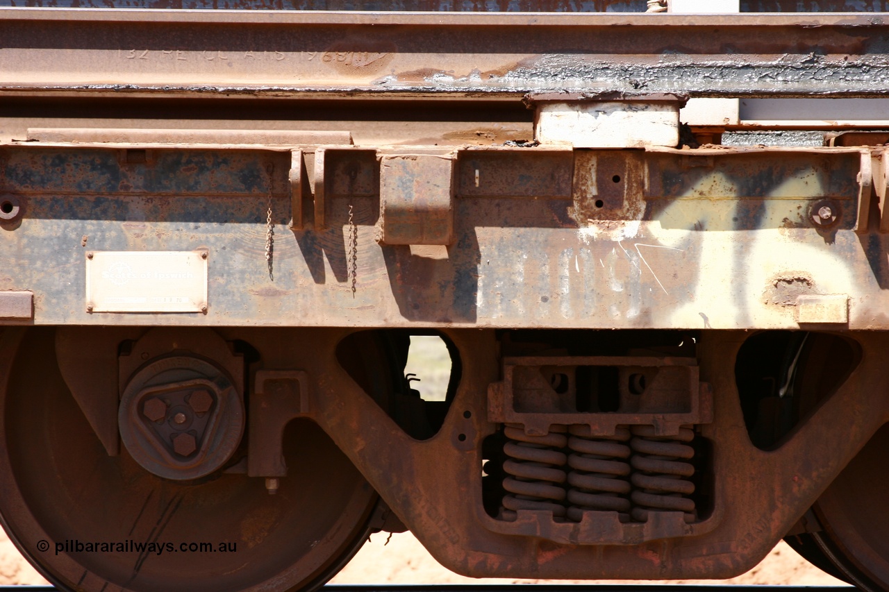 051001 5695
Boodarie, the Steel Train or rail recovery and transport train, builders plate detail of flat waggon #16, 6009, a Scotts of Ipswich Qld built flat waggon from September 1970.
Keywords: Scotts-Qld;BHP-rail-train;