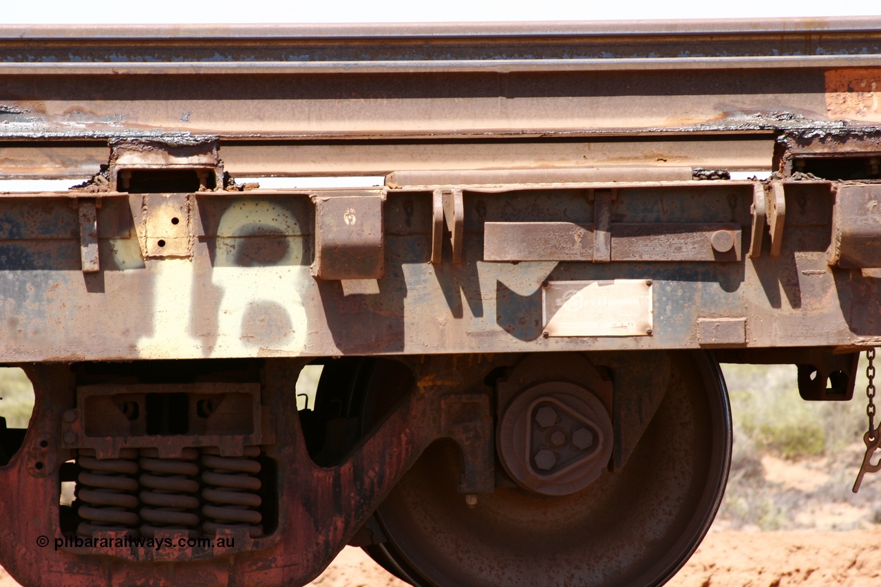 051001 5700
Boodarie, the Steel Train or rail recovery and transport train, flat waggon #18, 6012, detail of builders plate, a Scotts of Ipswich Qld built flat waggon with build date 11-09-1970.
Keywords: Scotts-Qld;BHP-rail-train;