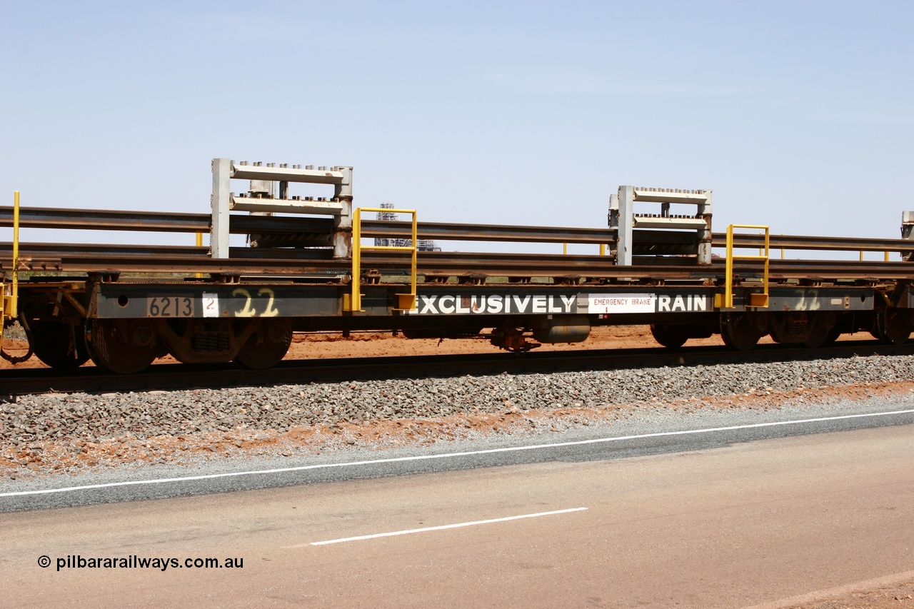 051001 5707
Boodarie, the Steel Train or rail recovery and transport train, flat waggon #22, 6213, a Comeng WA built flat waggon from February 1977 under order no. 07-M-282 RY.
Keywords: Comeng-WA;BHP-rail-train;