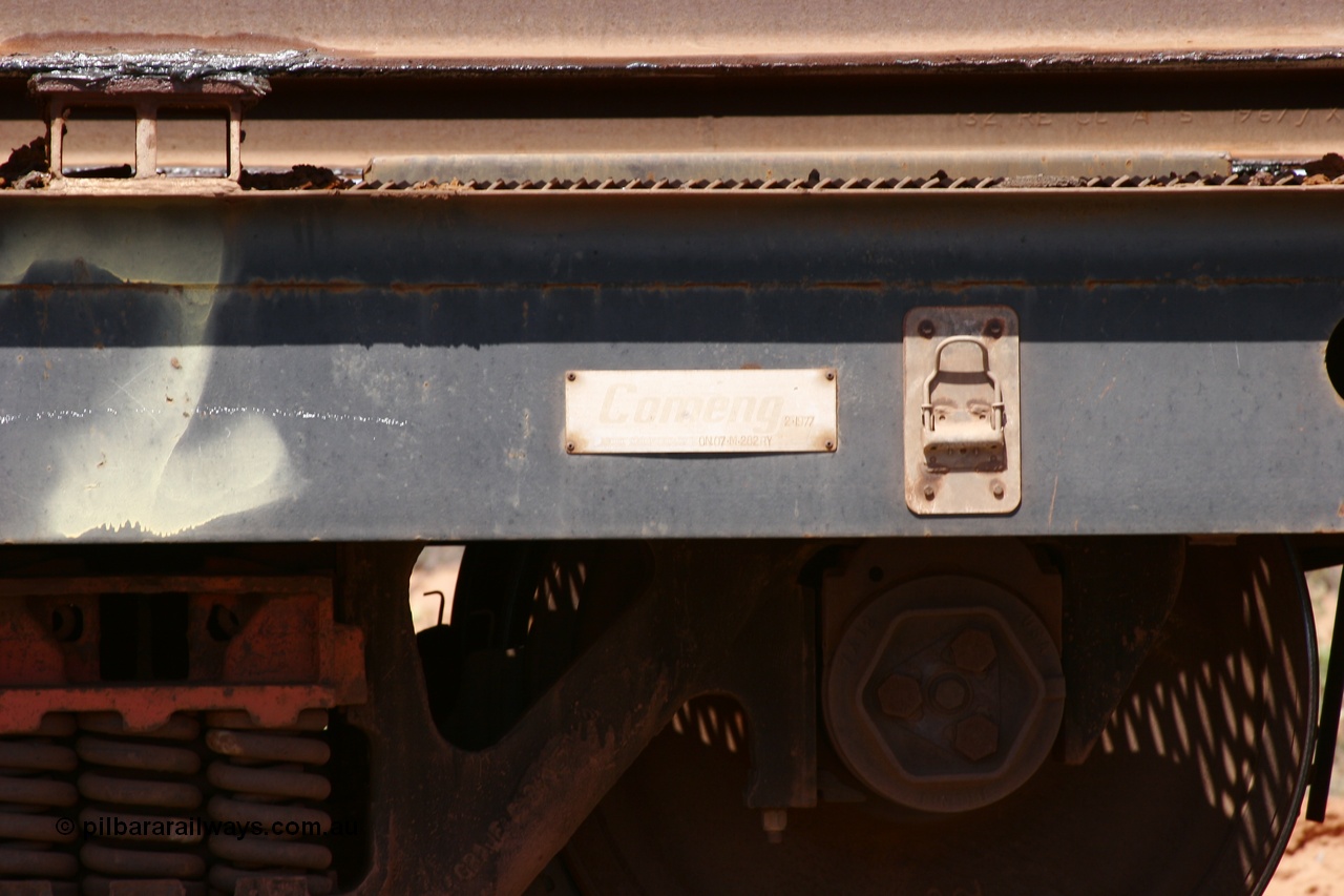 051001 5709
Boodarie, the Steel Train or rail recovery and transport train, flat waggon #22, 6213, builders plate detail, a Comeng WA built flat waggon from February 1977 under order no. 07-M-282 RY.
Keywords: Comeng-WA;BHP-rail-train;