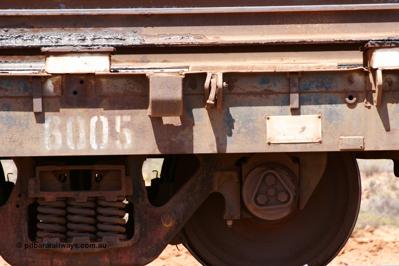 051001 5716
Boodarie, the Steel Train or rail recovery and transport train, flat waggon #24, 6005, builders plate, a Scotts of Ipswich Qld built flat waggon on 12th September 1970.
Keywords: Scotts-Qld;BHP-rail-train;