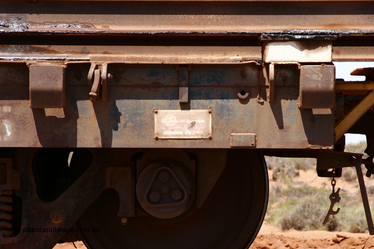 051001 5717
Boodarie, the Steel Train or rail recovery and transport train, flat waggon #24, 6005, builders plate, a Scotts of Ipswich Qld built flat waggon on 12th September 1970.
Keywords: Scotts-Qld;BHP-rail-train;