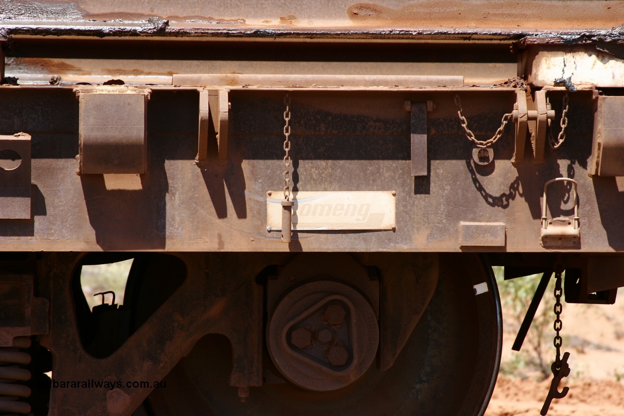 051001 5719
Boodarie, the Steel Train or rail recovery and transport train, flat waggon #26, 6015, builders plate, a Comeng WA built flat waggon from 1971.
Keywords: Comeng-WA;BHP-rail-train;