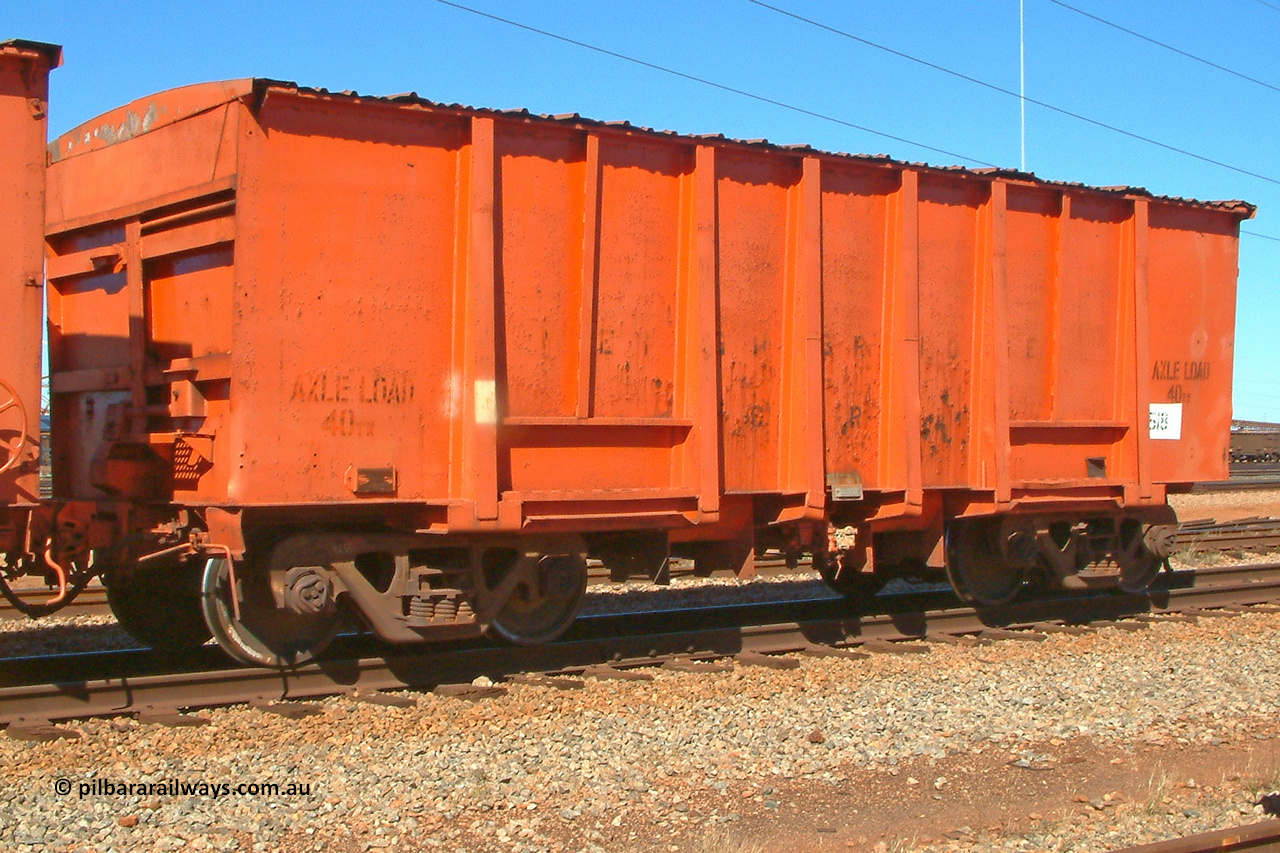 0518 Mt Newman Mining Workshops 030713 115326
Nelson Point, weighbridge test waggon 518, originally built by Magor USA and ex Oroville Dam, converted by Mt Newman Mining into a 40 ton axle load weigh bridge test waggon. July 13, 2003.
Keywords: Magor-USA;BBHP-weigh-waggon;