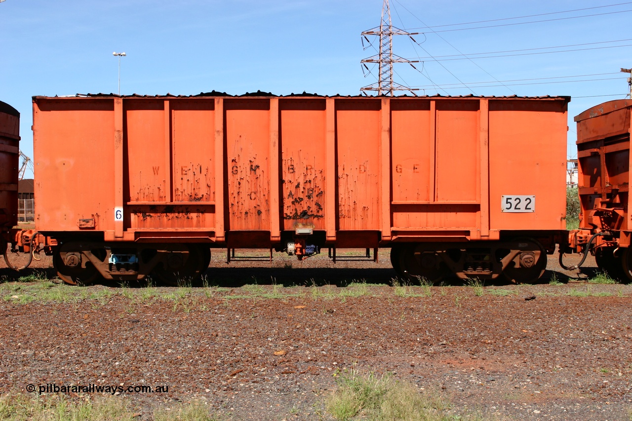 060414 3441
Nelson Point yard, originally a Magor USA built ballast waggon for the Oroville Dam construction, 522 seen here modified as a weighbridge test car.
Keywords: Magor-USA;BHP-weigh-waggon;