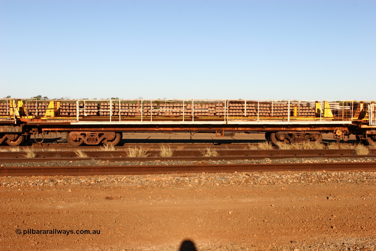 060429 3750
Flash Butt yard, Pony re-laying flat waggon, in service as a transport waggon for a gantry car and sleepers. Originally in service with Goldsworthy Mining as a BC or BCV box van, built by Comeng WA in 1966.
Keywords: Comeng-WA;GML;BHP-pony-waggon;
