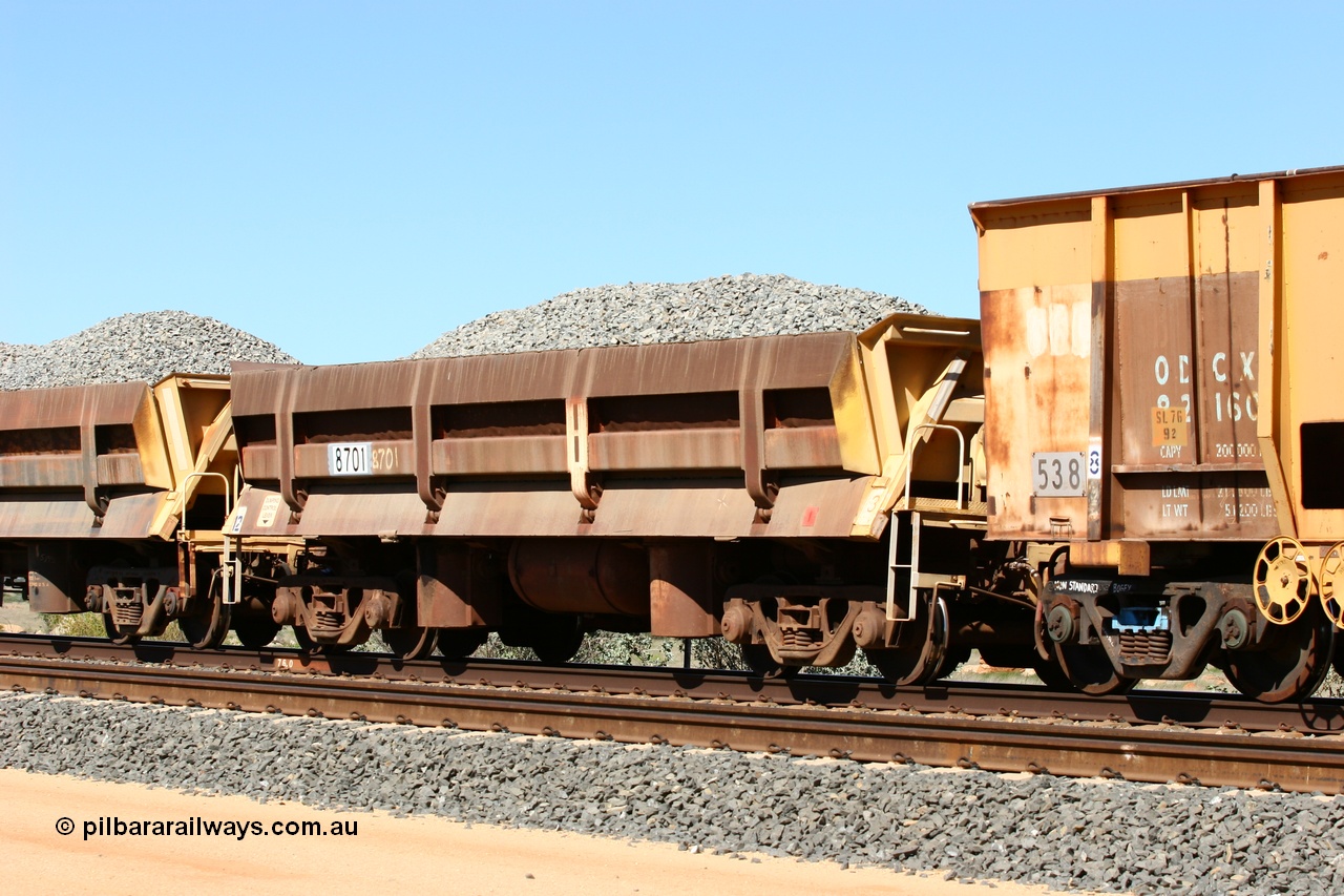 060501 3869
Tabba Siding, originally built by Difco USA for Goldsworthy Mining Ltd in 1967 as a batch of five, prefixed with 870 in BHP service, 8701 side dump waggon loaded with ballast.
Keywords: Difco-Ohio-USA;GML;BHP-ballast-waggon;
